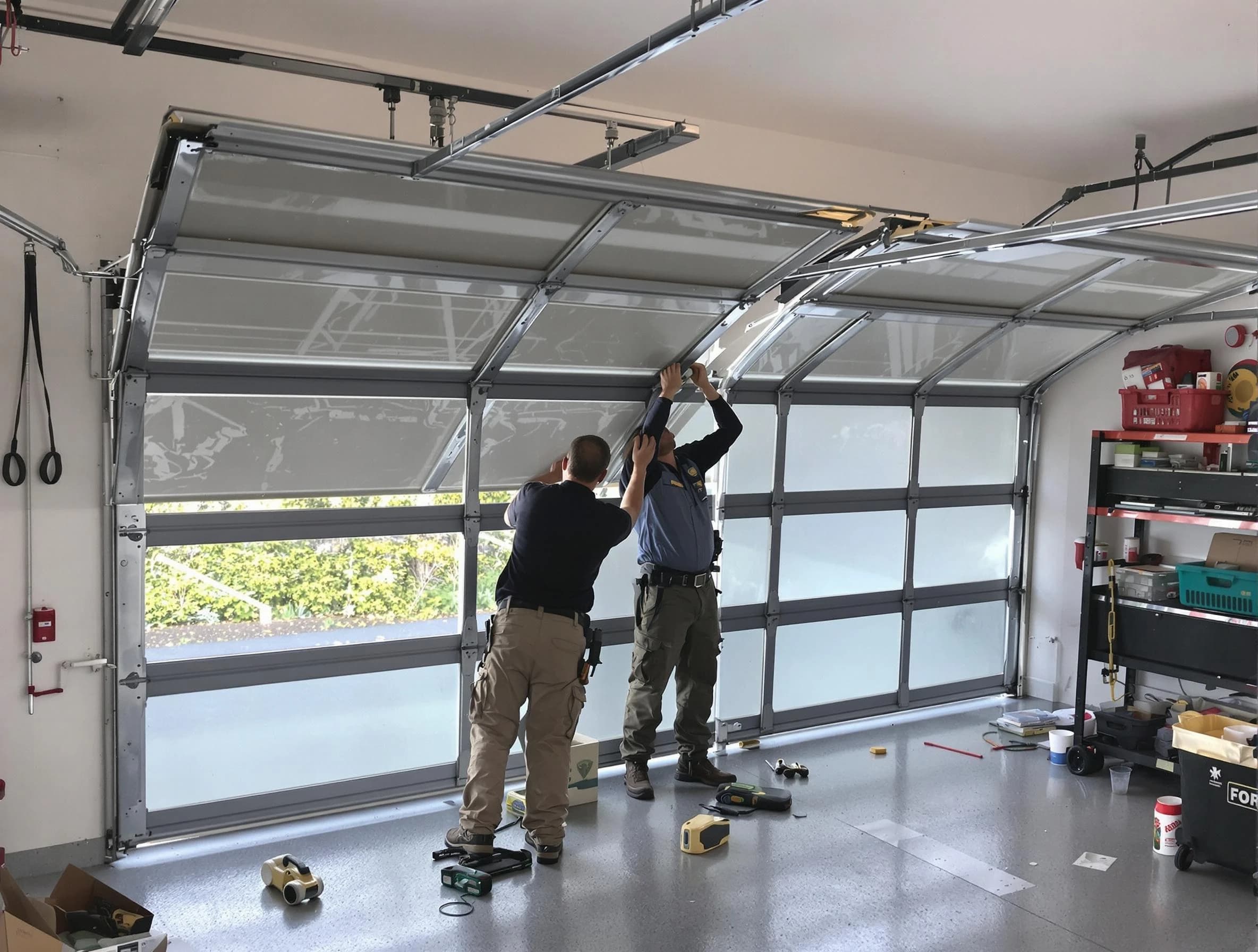 Richland Garage Door Repair expert performing precise panel replacement on Richland garage door