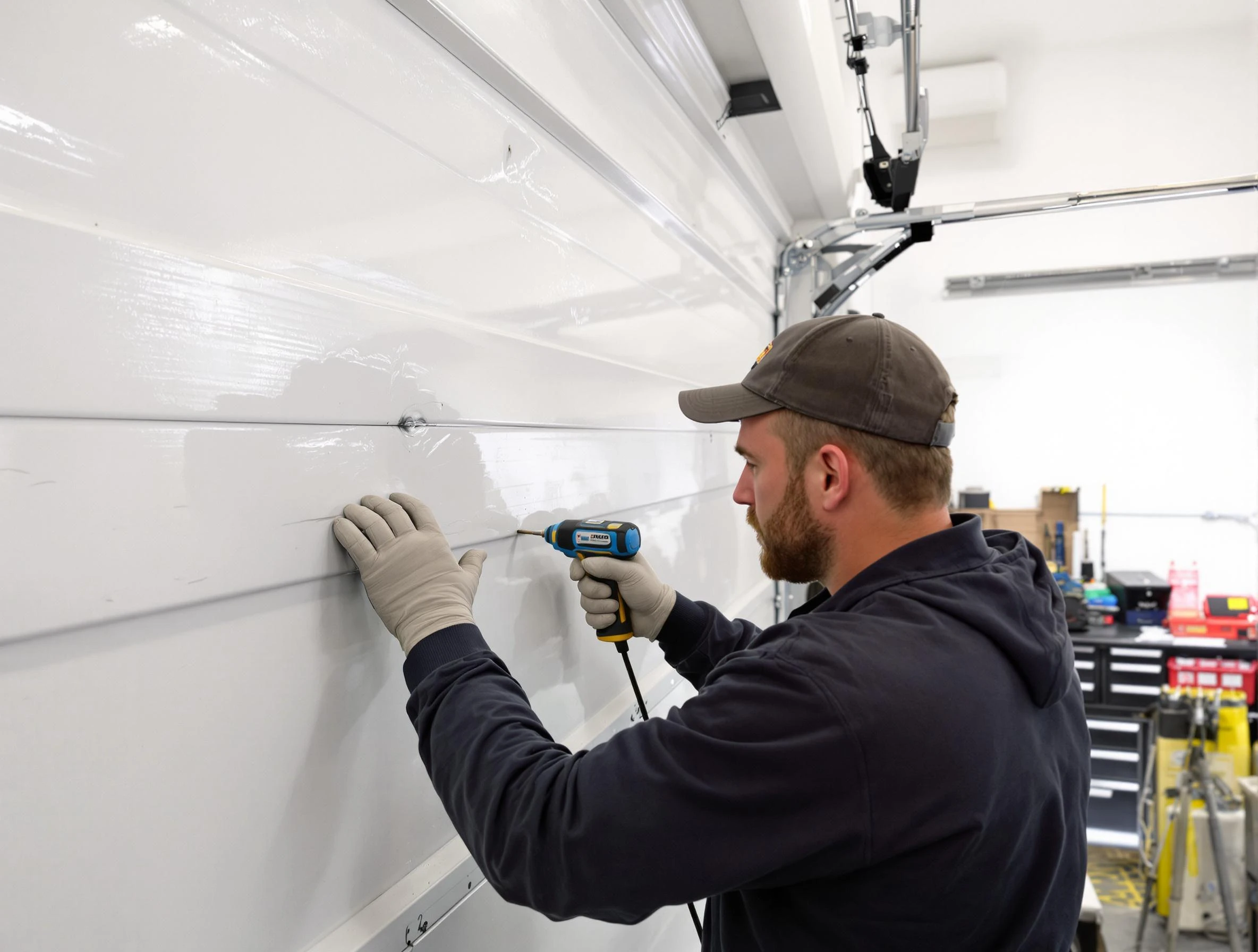 Richland Garage Door Repair technician demonstrating precision dent removal techniques on a Richland garage door