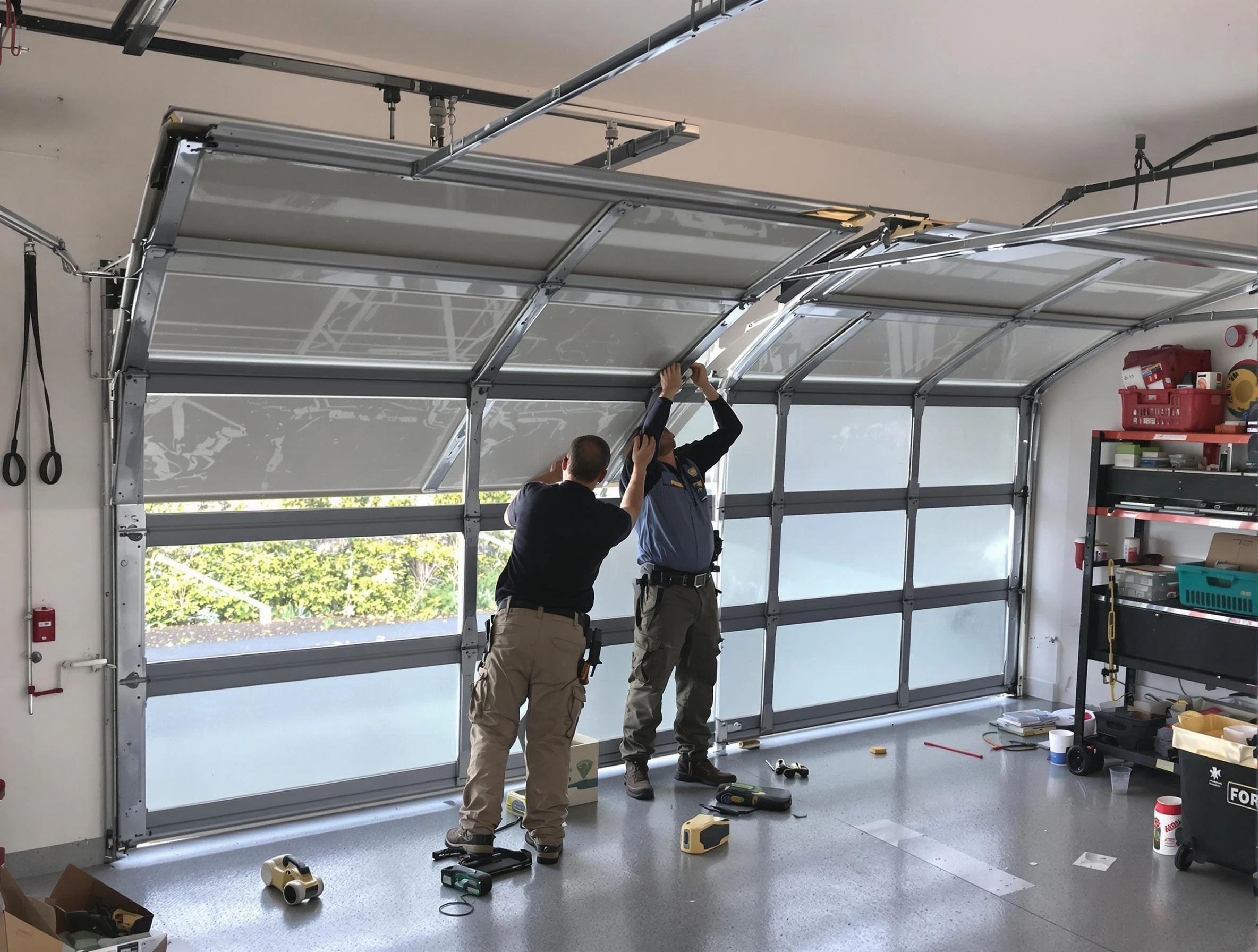 Richland Garage Door Repair expert performing precise panel replacement on Richland garage door